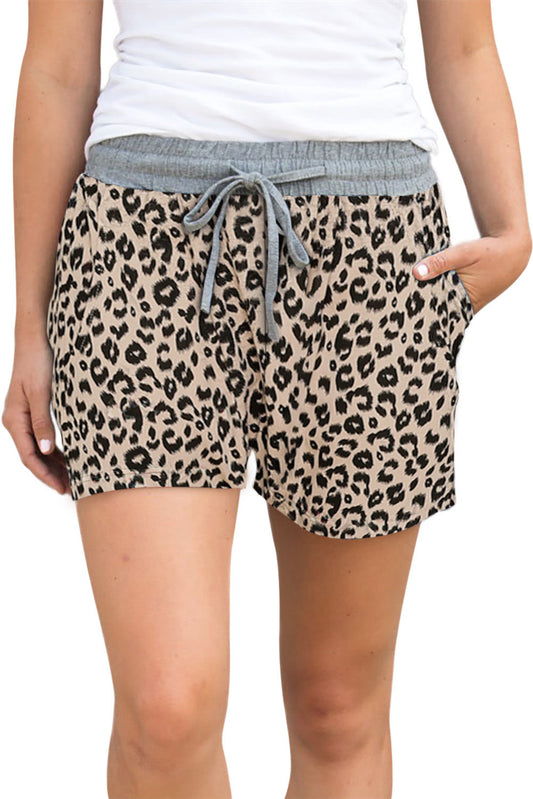 Khaki Leopard Print Drawstring Waist Shorts